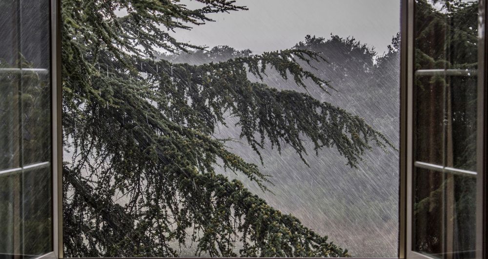 Rain and wind seen through impact windows during a hurricane.